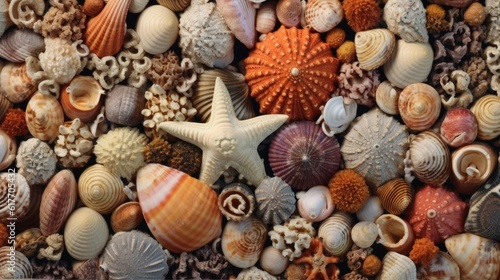 Background  texture from densely packed shells of ralic species of sea clams and scallops  as well as fossilized corals  sea anemones and starfish. Generative AI 7