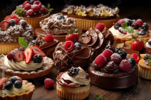 Many different delicious sweet pastries, cakes, rolls and muffins with fresh fruits and berries, tasty assorted desserts, AI Generated