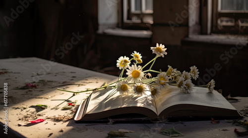 open book in abandoned house with oxeye daisy flowers. 