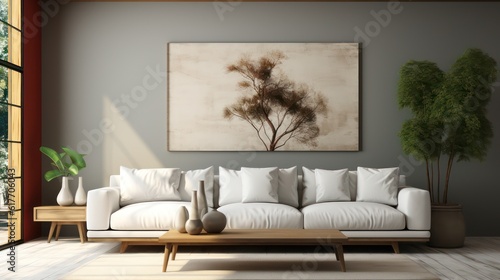 Modern interior design of living room with white sofa, coffee table, soft stucco wall. Created with generative AI. © Muzaffer Stock