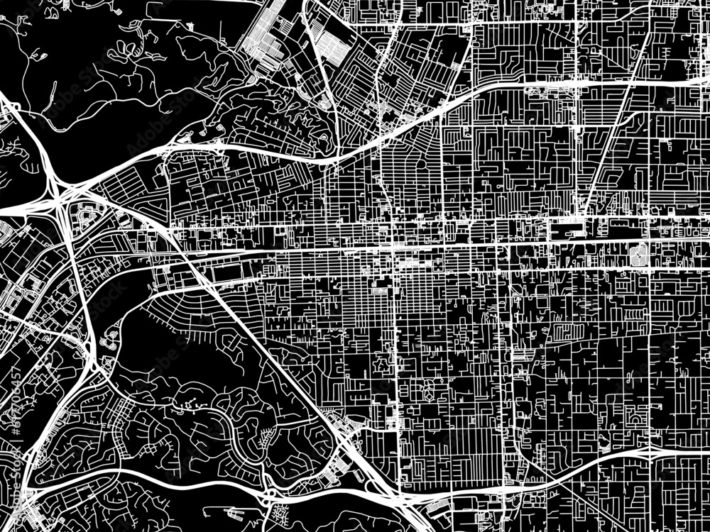 Vector road map of the city of  Pomona California in the United States of America with white roads on a black background.
