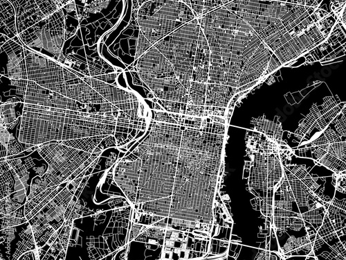 Vector road map of the city of  Philadelphia Pennsylvania in the United States of America with white roads on a black background.