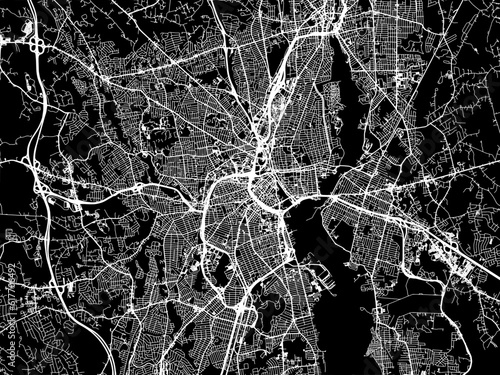 Vector road map of the city of  Providence Rhode Island in the United States of America with white roads on a black background.