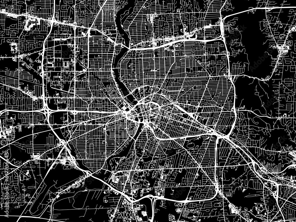 Vector road map of the city of  Rochester New York in the United States of America with white roads on a black background.