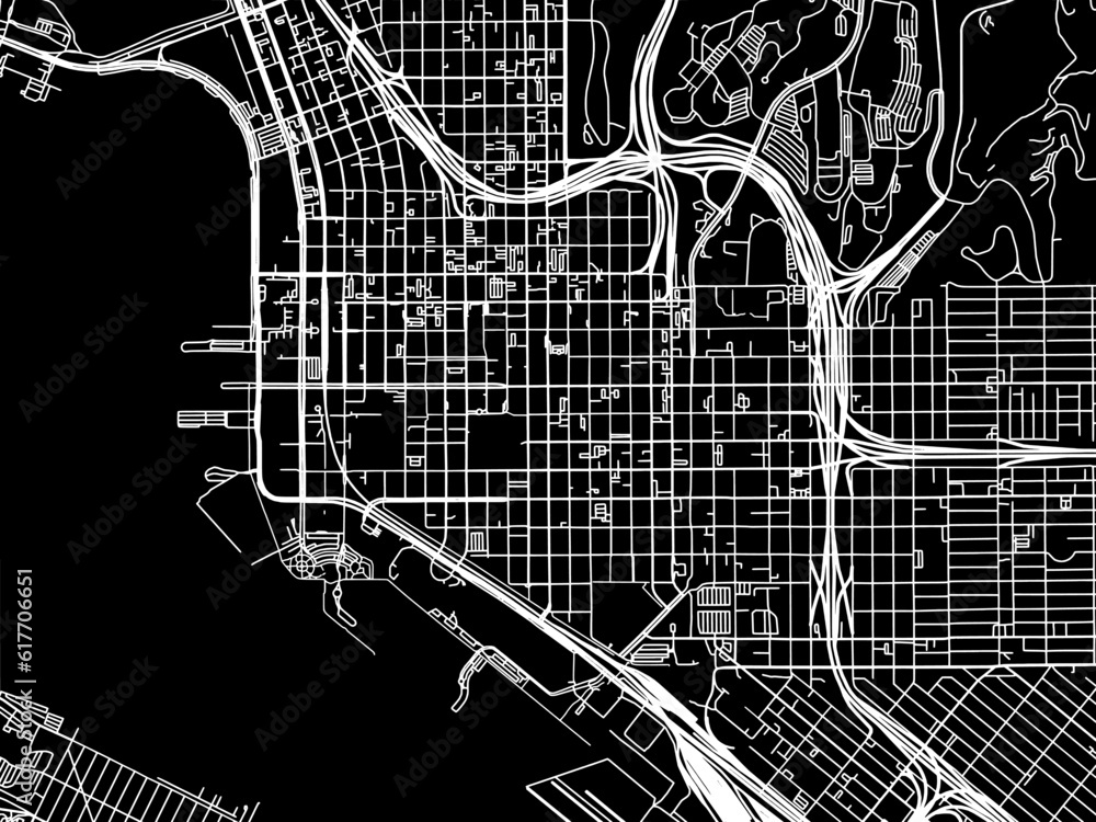 Vector road map of the city of  San Diego Center California in the United States of America with white roads on a black background.
