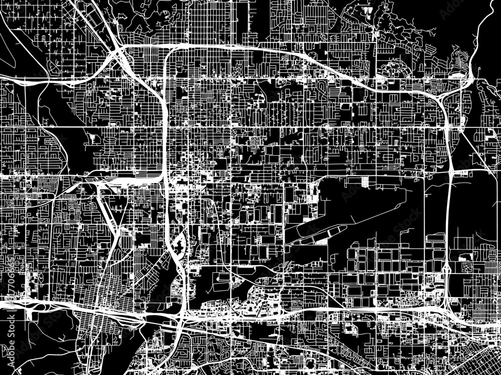 Vector road map of the city of  San Bernardino California in the United States of America with white roads on a black background.