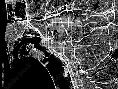 Vector road map of the city of  San Diego California in the United States of America with white roads on a black background.