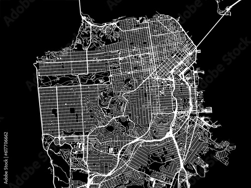 Vector road map of the city of  San Francisco California in the United States of America with white roads on a black background.