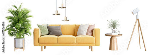 Yellow sofa and plant in a living room on white backgrouund photo