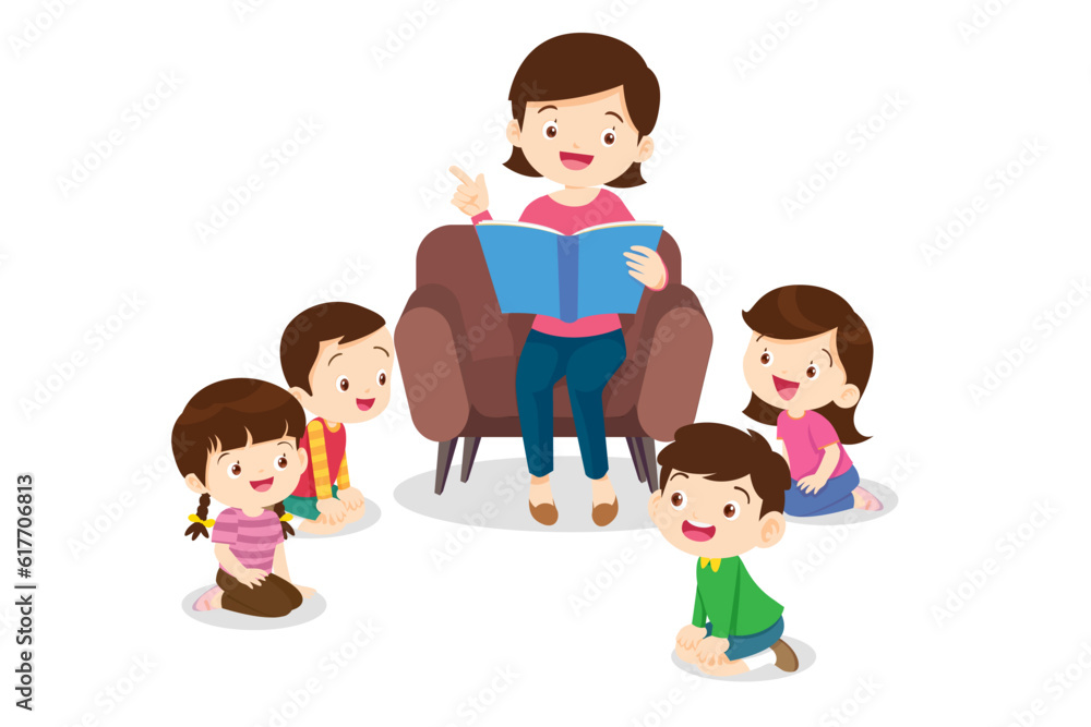 children listen dad mom grandparents reading book on sofa