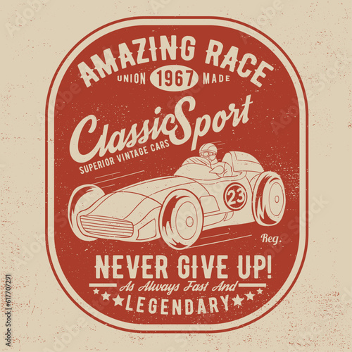 tee print design as vector with vintage sport cart drawing