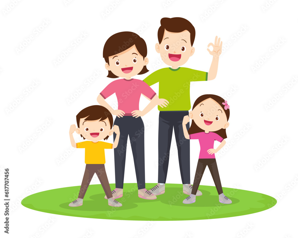 Happy Family Sport Activity. Mother, Father and Kid Doing Morning Exercising at Home Happy Family Sport Activity. Mother, Father and Kid Doing Morning Exercising at Home