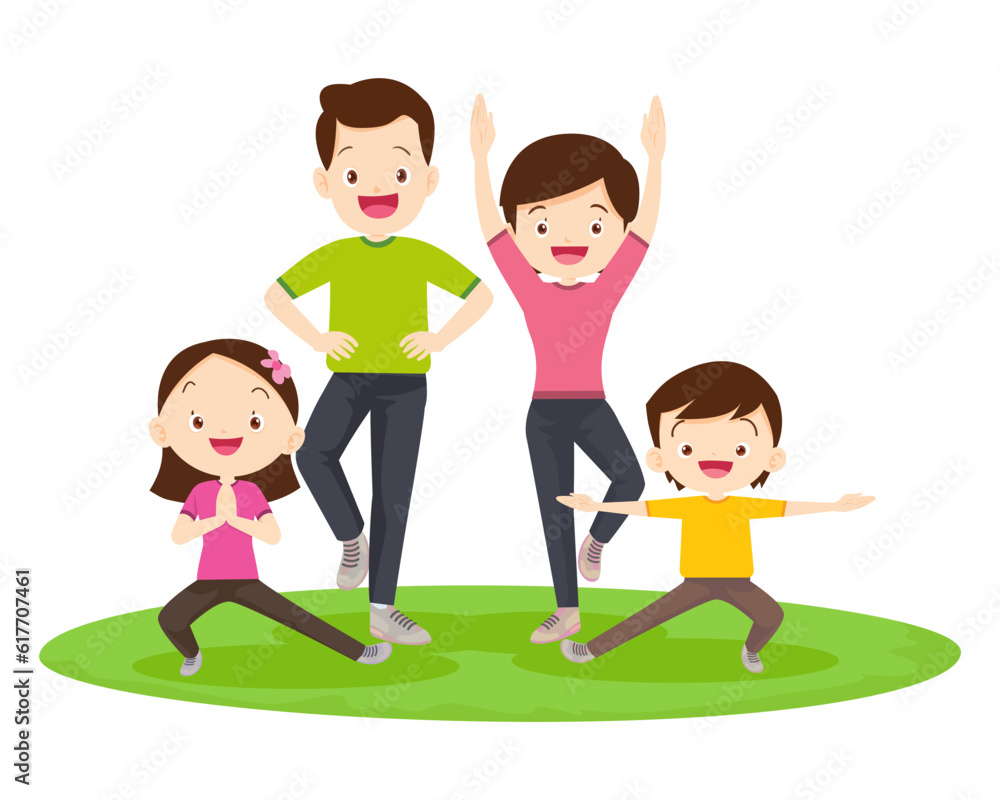 Happy Family Sport Activity. Mother, Father and Kid Doing Morning Exercising at Home Happy Family Sport Activity. Mother, Father and Kid Doing Morning Exercising at Home