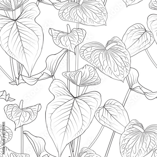 Black and white seamless pattern with anthurium line art flowers. Tropical exotic plant repeat pattern background. Great for fabric, surface, wallpaper, summer concept of backdrop