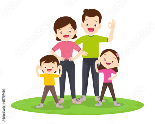 Happy Family Sport Activity. Mother  Father and Kid Doing Morning Exercising at Home
