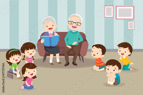 children listen dad mom grandparents reading book on sofa