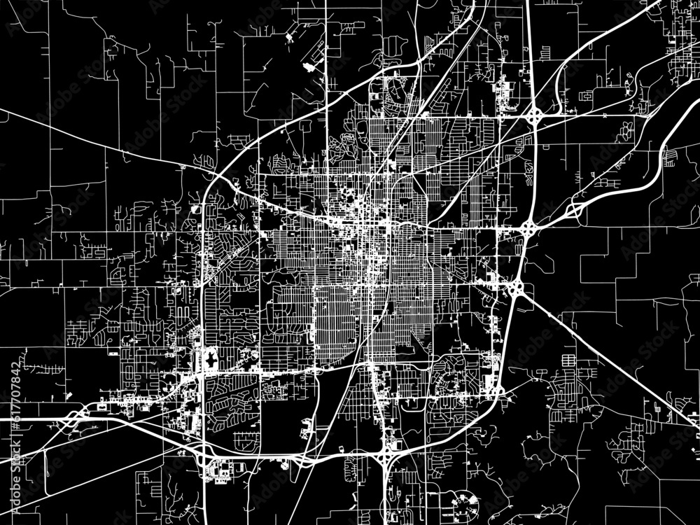 Vector road map of the city of  Springfield Illinois in the United States of America with white roads on a black background.