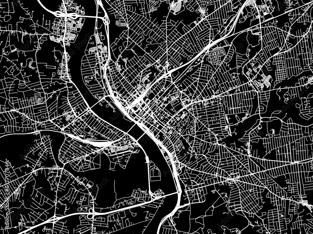 Vector road map of the city of  Springfield Massachusetts in the United States of America with white roads on a black background.