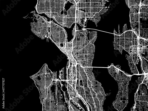 Vector road map of the city of  Seattle Washington in the United States of America with white roads on a black background.