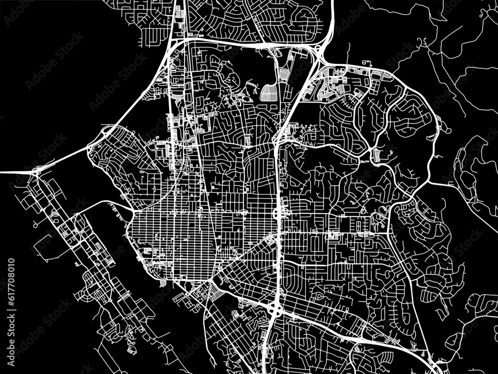 Vector road map of the city of  Vallejo California in the United States of America with white roads on a black background.