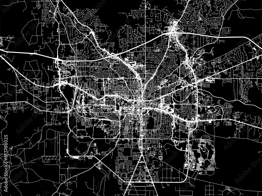 Vector road map of the city of  Tallahassee Florida in the United States of America with white roads on a black background.