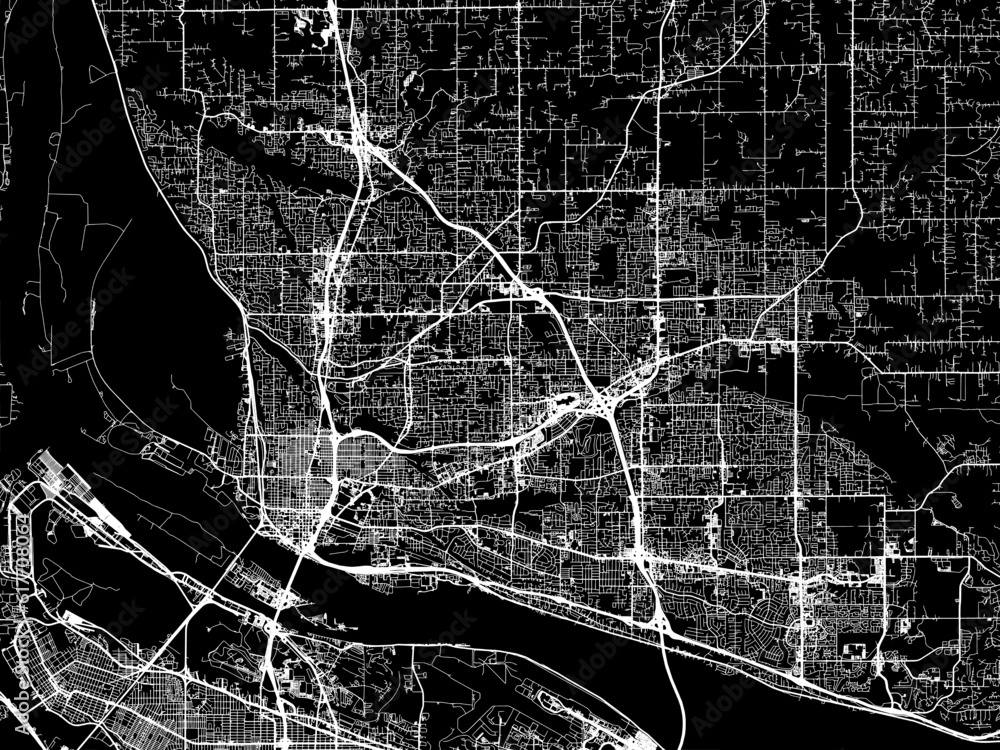 Vector road map of the city of  Vancouver Washington in the United States of America with white roads on a black background.