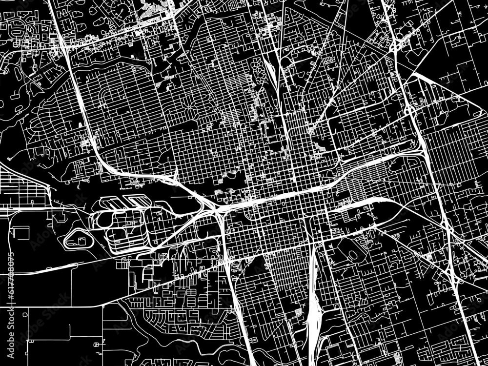 Vector road map of the city of  Stockton California in the United States of America with white roads on a black background.