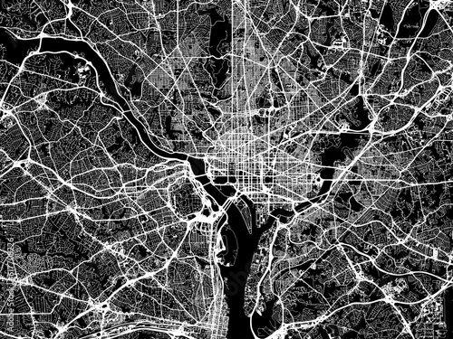 Vector road map of the city of  Washington Metro District of Columbia in the United States of America with white roads on a black background.