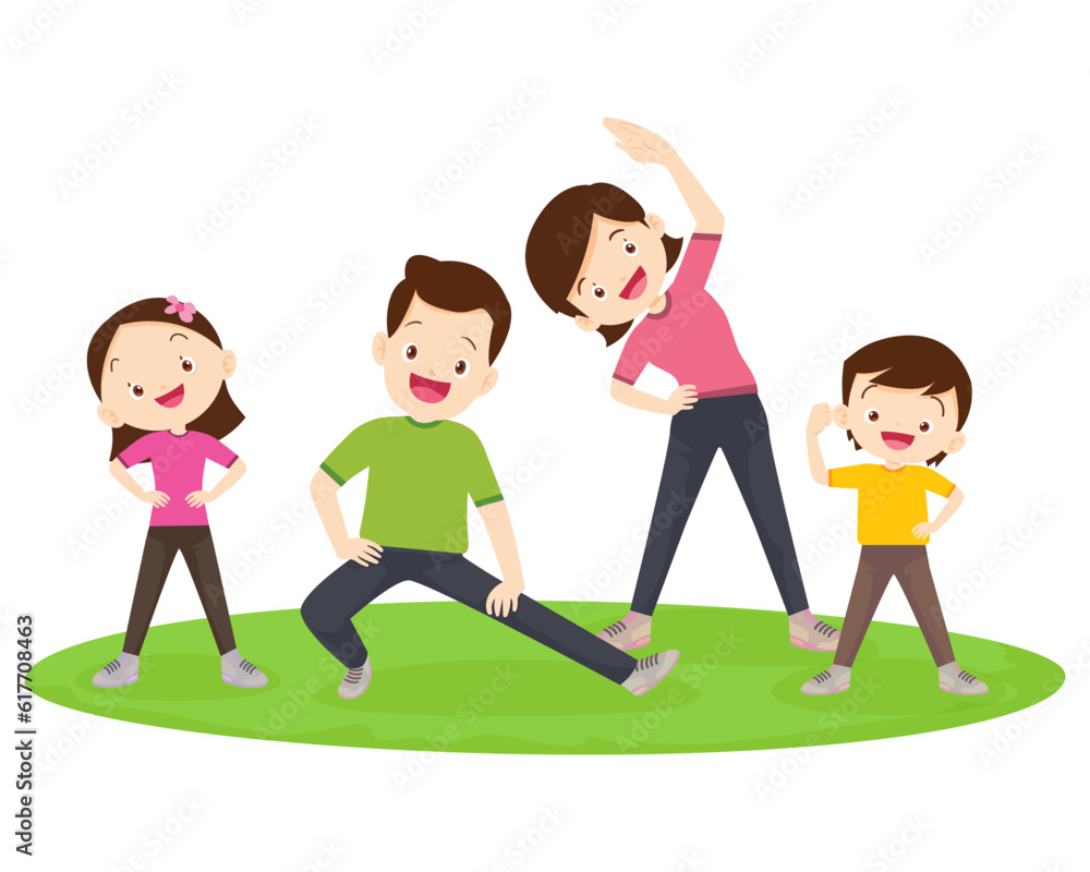 Happy Family Sport Activity. Mother, Father and Kid Doing Morning Exercising at Home Happy Family Sport Activity. Mother, Father and Kid Doing Morning Exercising at Home