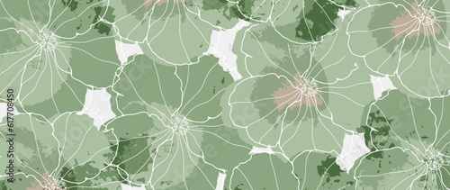 Abstract watercolor floral green background with white contours of flowers. Background for decor, wallpapers, postcards, diplomas, covers and presentations