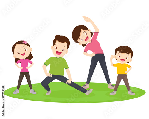 Happy Family Sport Activity. Mother, Father and Kid Doing Morning Exercising at Home