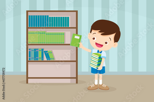 cute student boy Putting Books Back on Shelves shelf