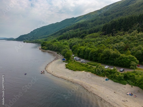Aerial drone photo of the waterside at Loch Lomond