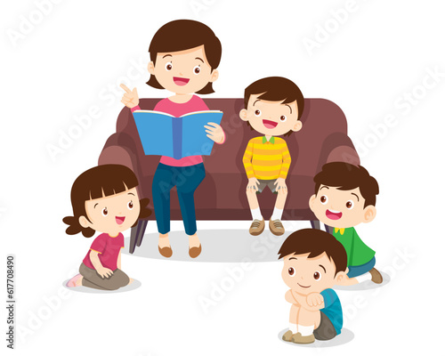 children listen dad mom grandparents reading book on sofa