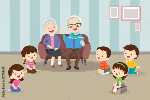 children listen dad mom grandparents reading book on sofa