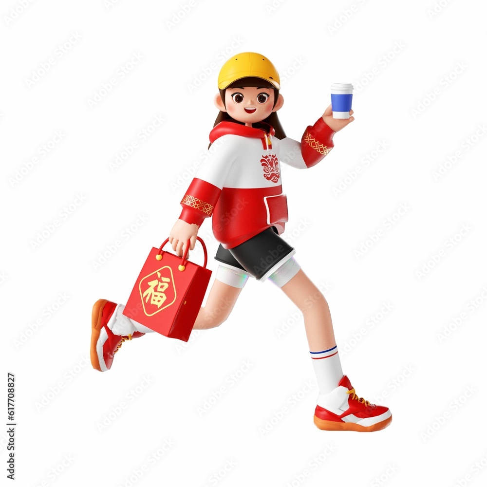 3D rendering of a cartoon illustration of a cheerful young woman shopping 3D rendering of a cartoon illustration of a cheerful young woman shopping