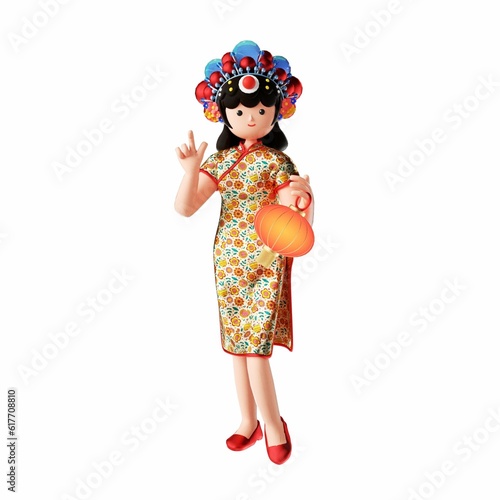Fotografie 3D rendering of a cartoon illustration of a cheerful young woman in traditional
