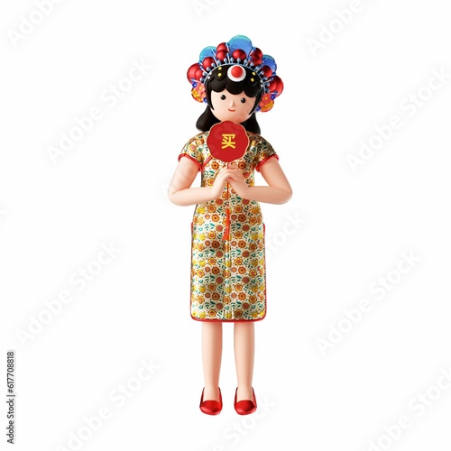 Obraz na plátně 3D rendering of a cartoon illustration of a cheerful young woman in traditional
