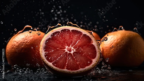 Grapefruits hit by splashes of water with black blur background