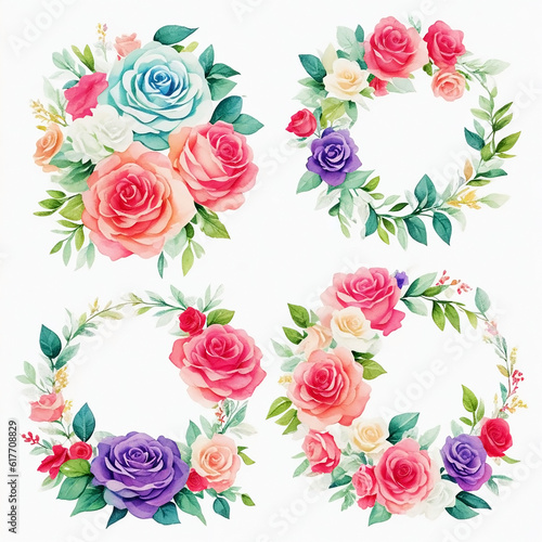 Watercolor wreaths rose flower frames with white background,Generative AI. © Jare