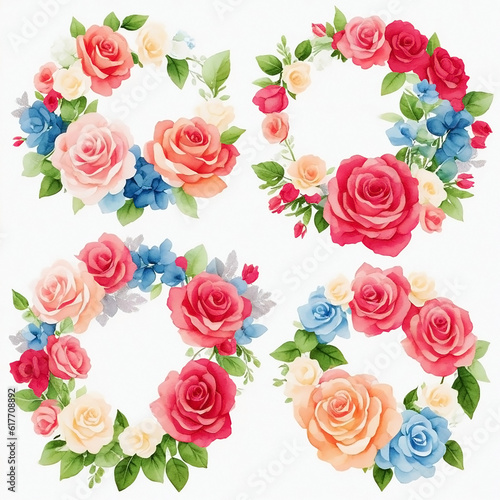Watercolor wreaths rose flower frames with white background,Generative AI. © Jare