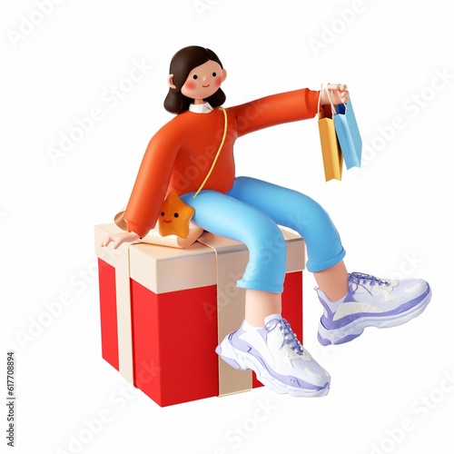 Canvas-taulu 3D rendering of a cartoon illustration of a cheerful young woman shopping