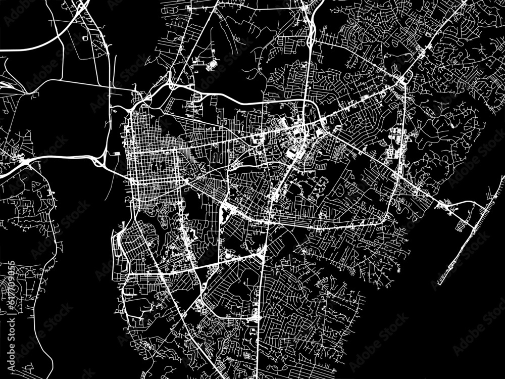 Vector road map of the city of  Wilmington North Carolina in the United States of America with white roads on a black background.