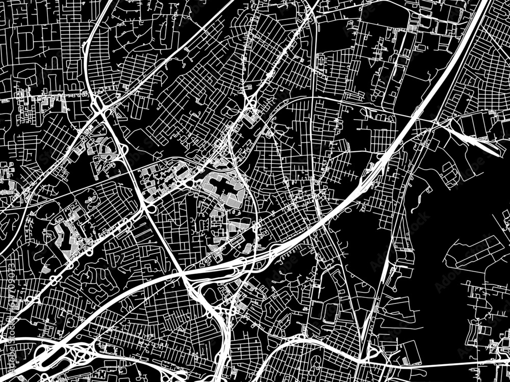 Vector road map of the city of  Woodbridge New Jersey in the United States of America with white roads on a black background.