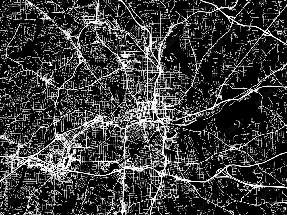 Vector road map of the city of  Winston–Salem North Carolina in the United States of America with white roads on a black background.