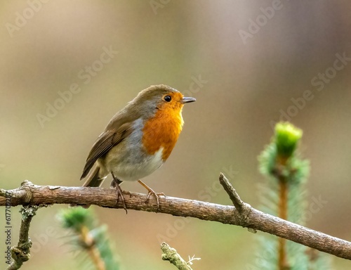 Close-up shot of a redbreast robin perched on a tree branch