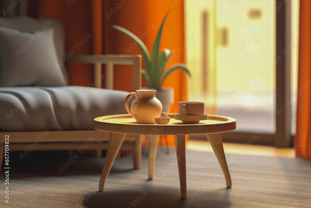 a close-up shot of a single cozy coffee table set place in a living room, sweet and minimal a close-up shot of a single cozy coffee table set place in a living room, sweet and minimal
