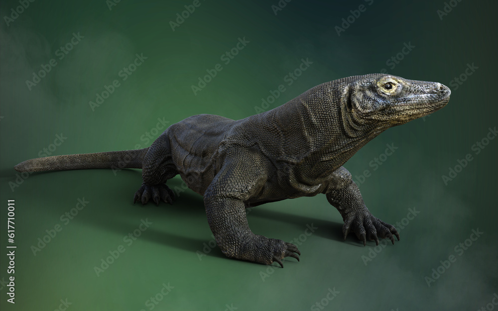 Obraz premium 3D rendering of a Komodo Dragon Isolated on Green Background with Clipping Path.