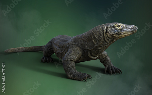 Fototapeta Naklejka Na Ścianę i Meble -  3D rendering of a Komodo Dragon Isolated on Green Background with Clipping Path.