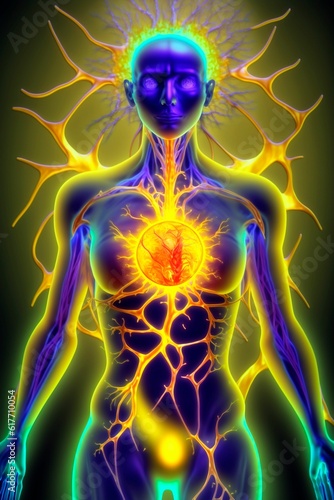 AI generated illustration of an energized human body with illuminated veins